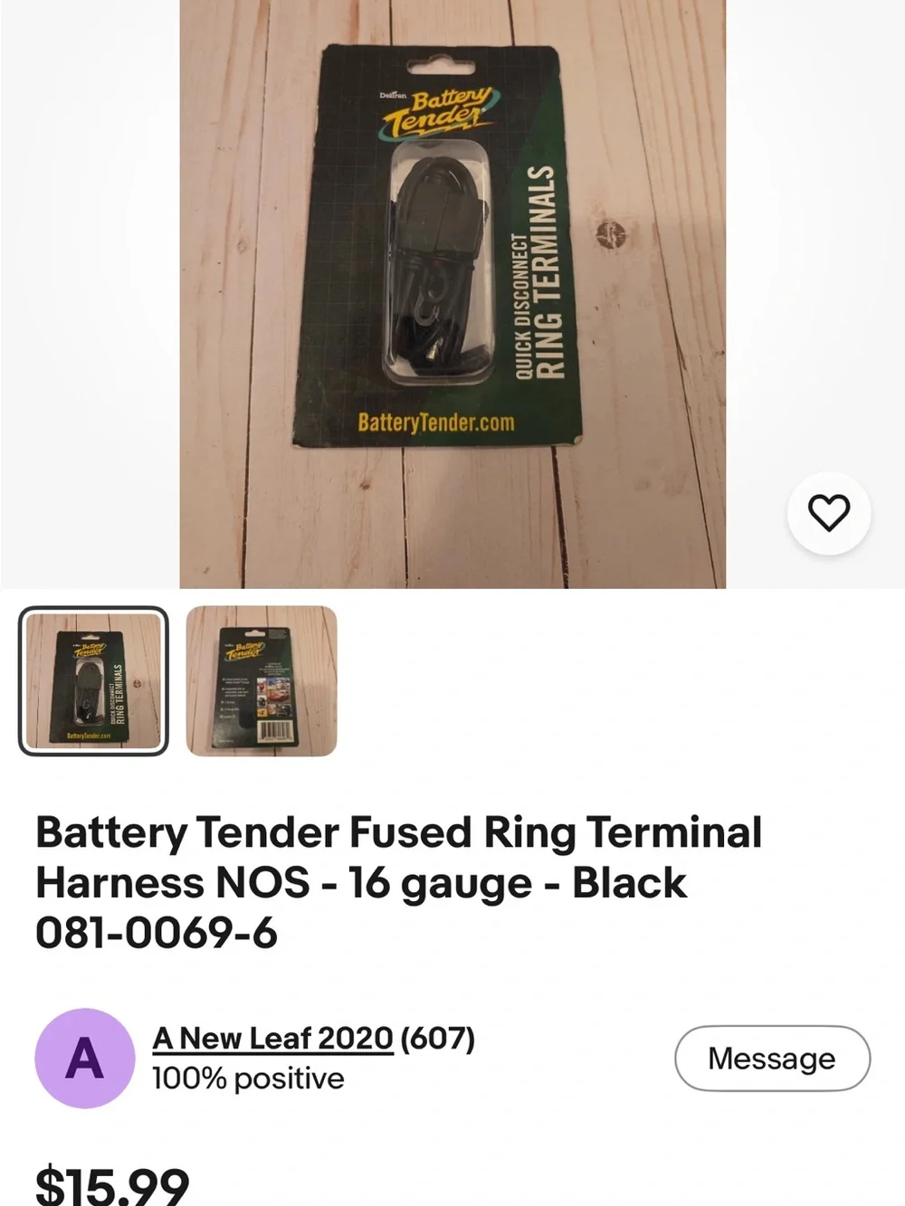 Battery Tender Fused Ring Terminal Harness NOS - 16 gauge - Black 081-0069-6